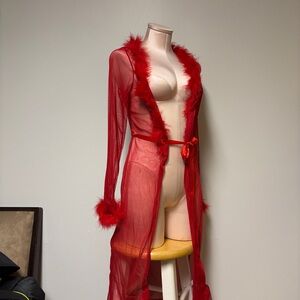 SHEIN Red Sheer Feather-Trim Robe